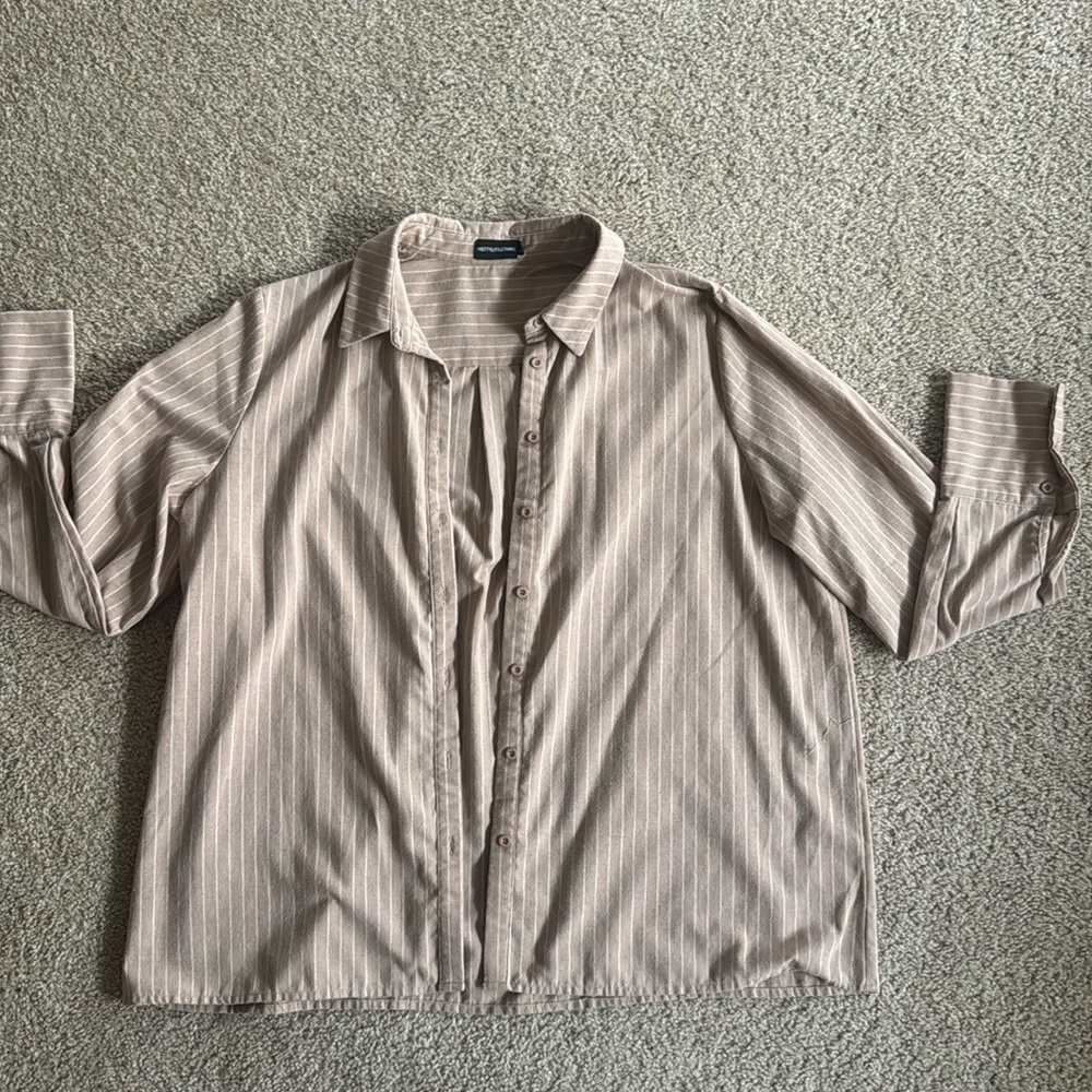 Pretty little thing, oversized button up, beige/white stripes, size s
